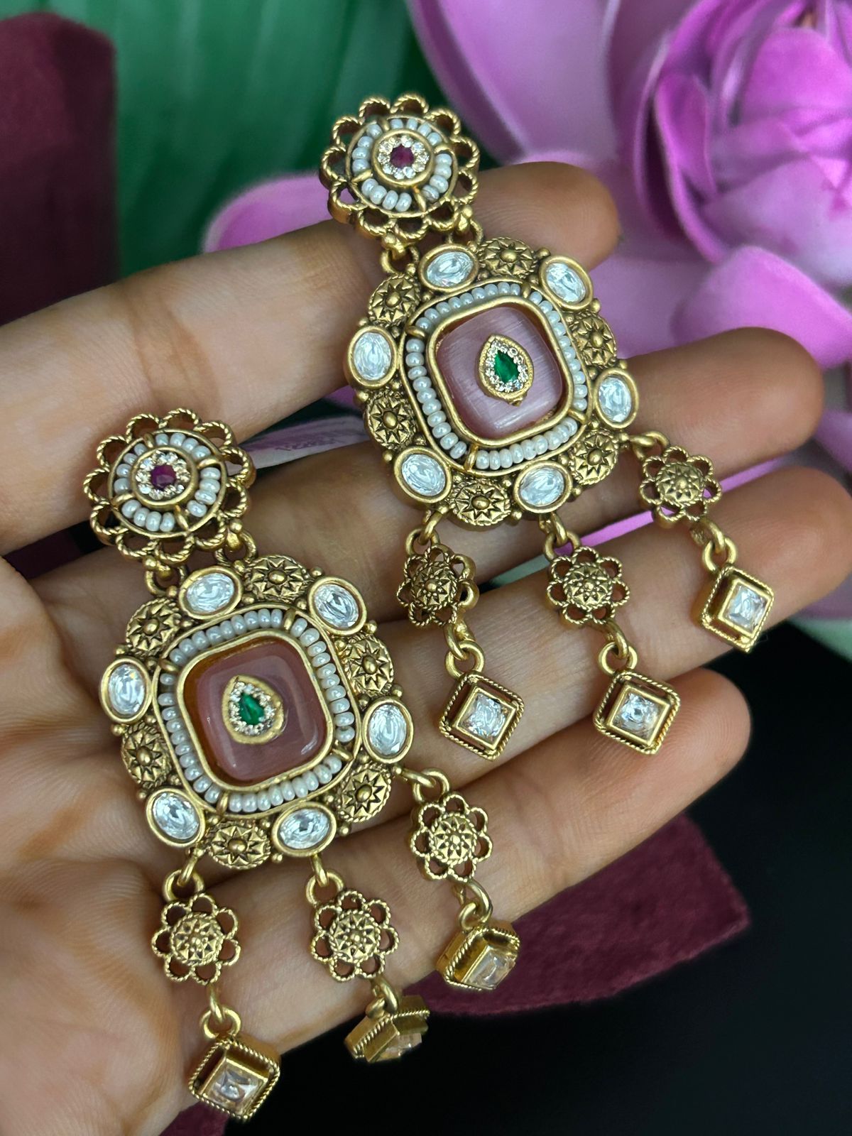 Antique Pink and Green Stone Earrings with Floral Detailing